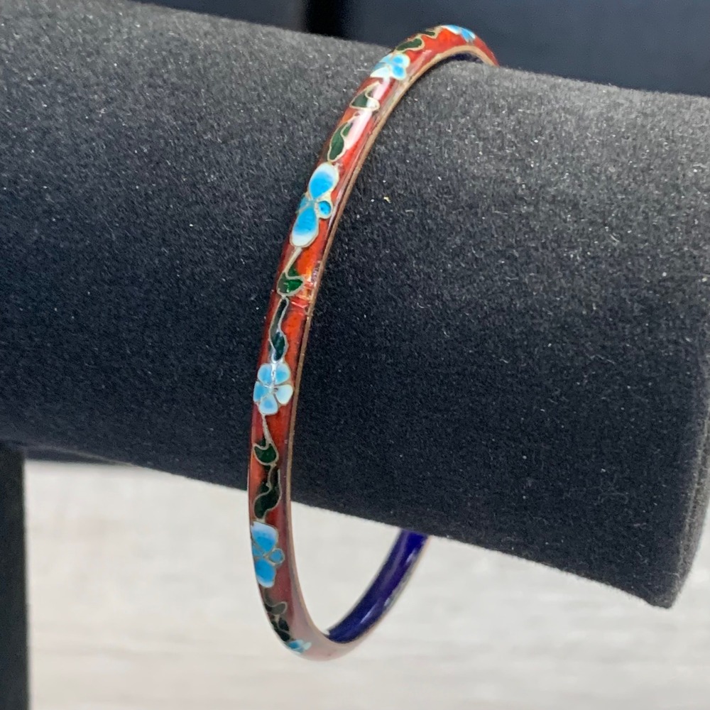 Vintage Cloisonne Enamel Bangle Bracelet Red Blue Floral Stackable 8 Inch 4550
